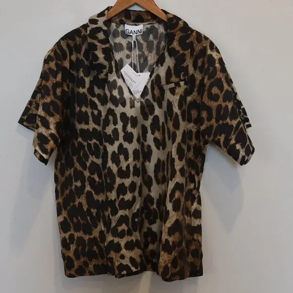 NWT GANNI leopard print top blouse short sleeve semisheer lightweight 36 breezy - Picture 2 of 16
